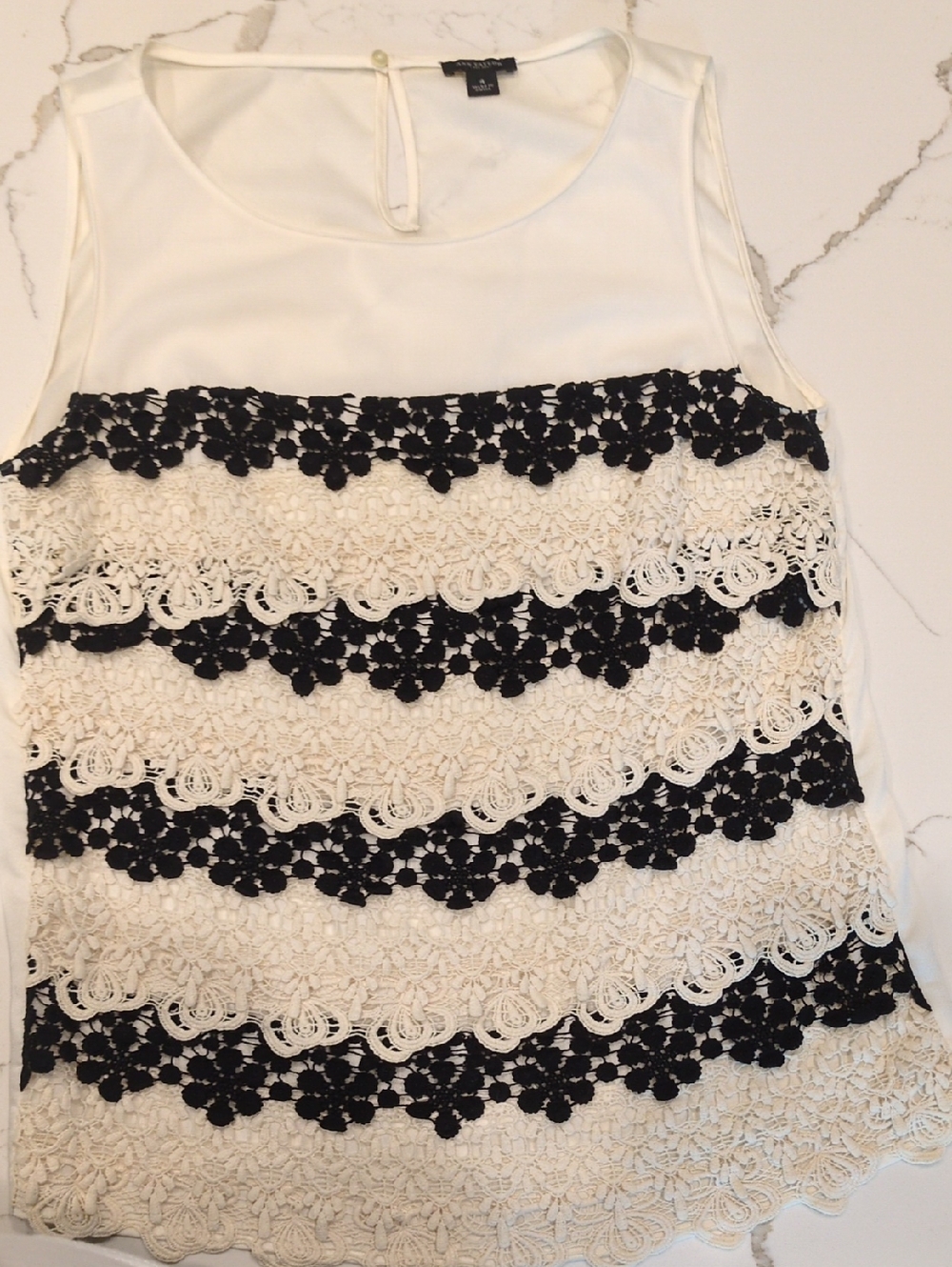 Ann Taylor White Tank with Black Crochet Floral Stripes